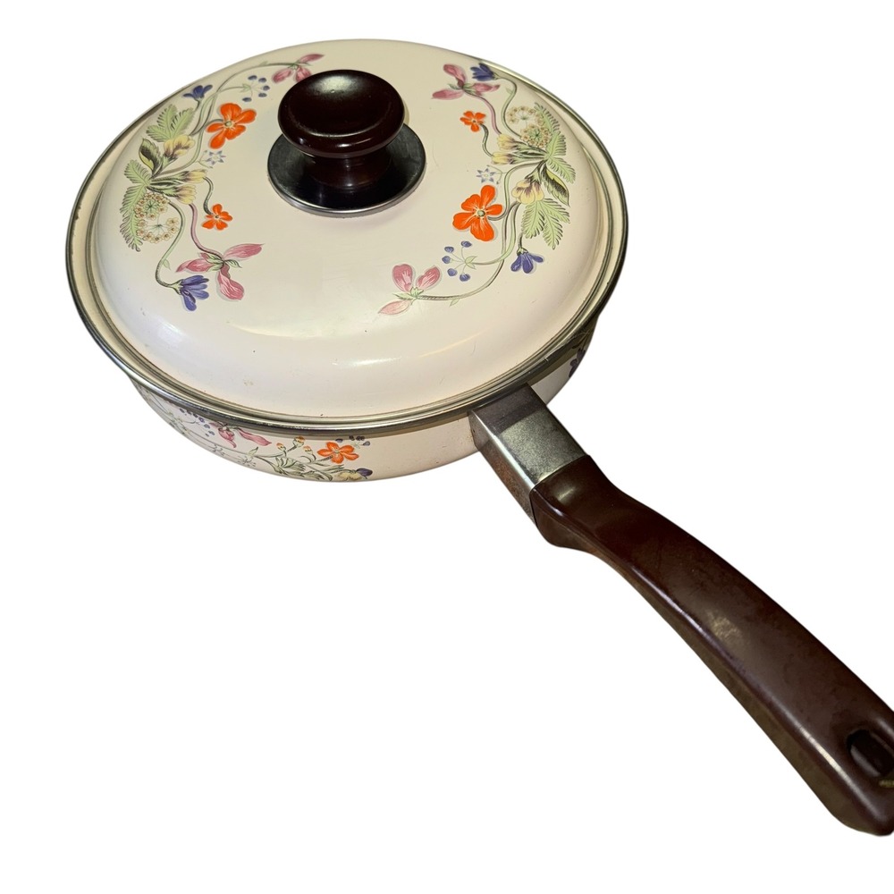 Vintage MCM Floral Enamel Saucepan Pot with Lid Kitchenware Cooking Pot RARE
